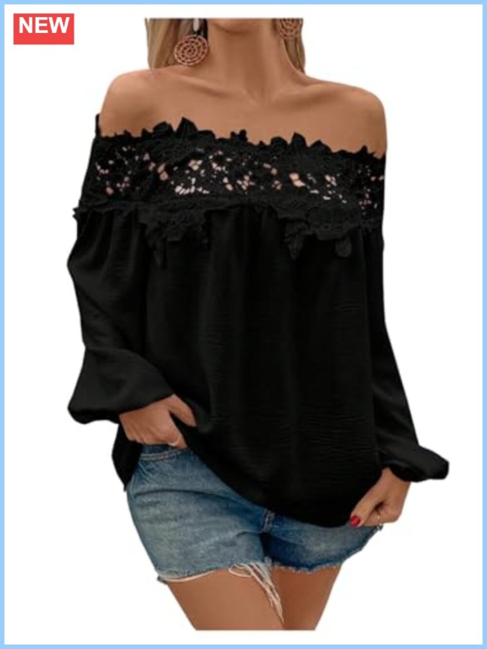 Off Shoulder Lace Long Sleeve Blouse Bishop Sleeve Vacation Top